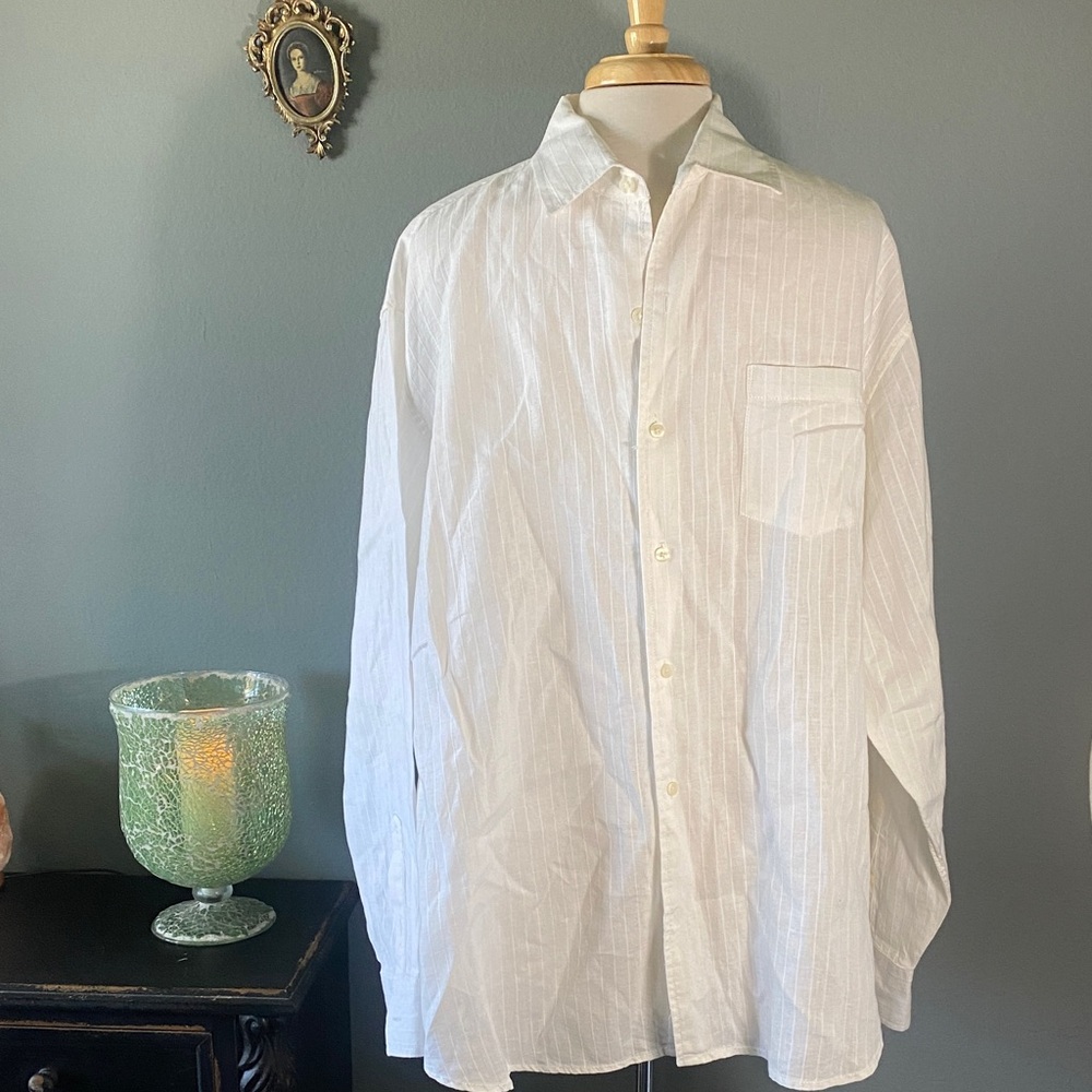Caribbean White Men's Long-Sleeve Button-Down Shirt linen / cotton blend vaca